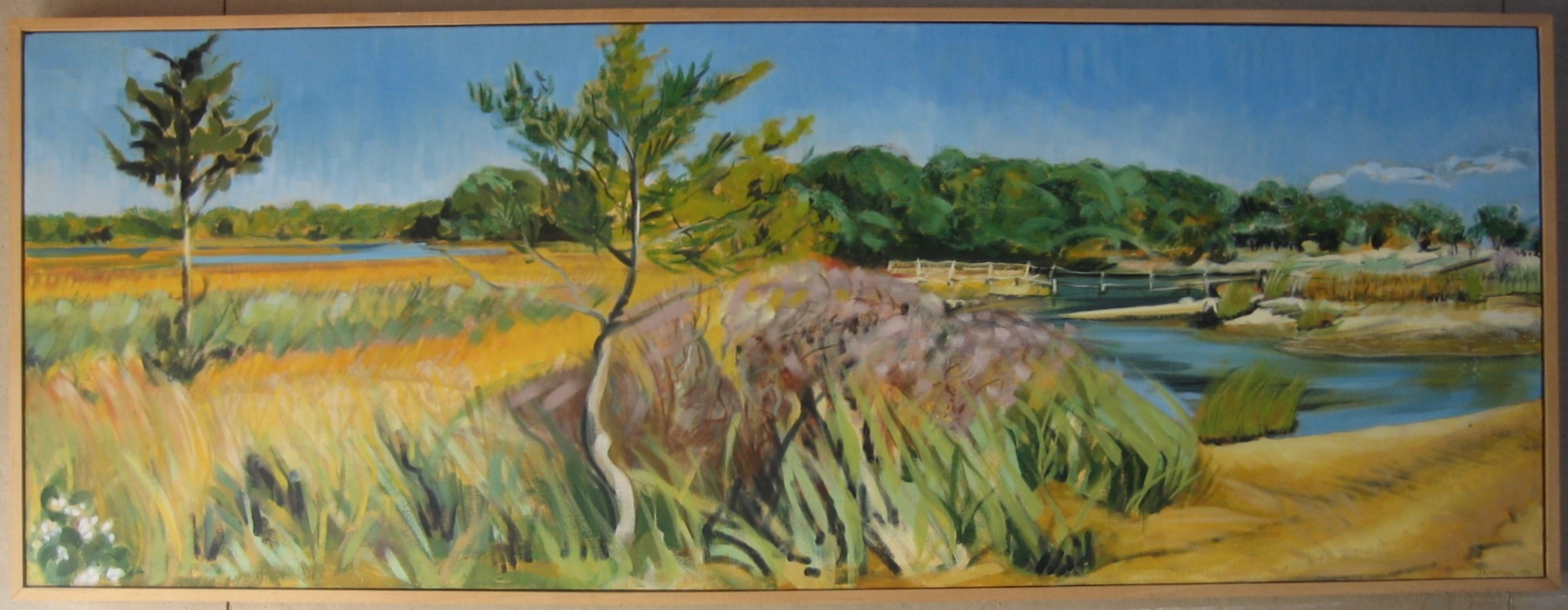 "Bass Creek / Shelter Island " oil on canvas Framed to 21" x 56"